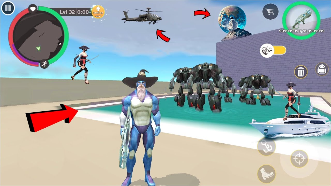 Rope Hero Cheatground MOD (police car robot swimming in private pool) spawn a luxury swimming pool