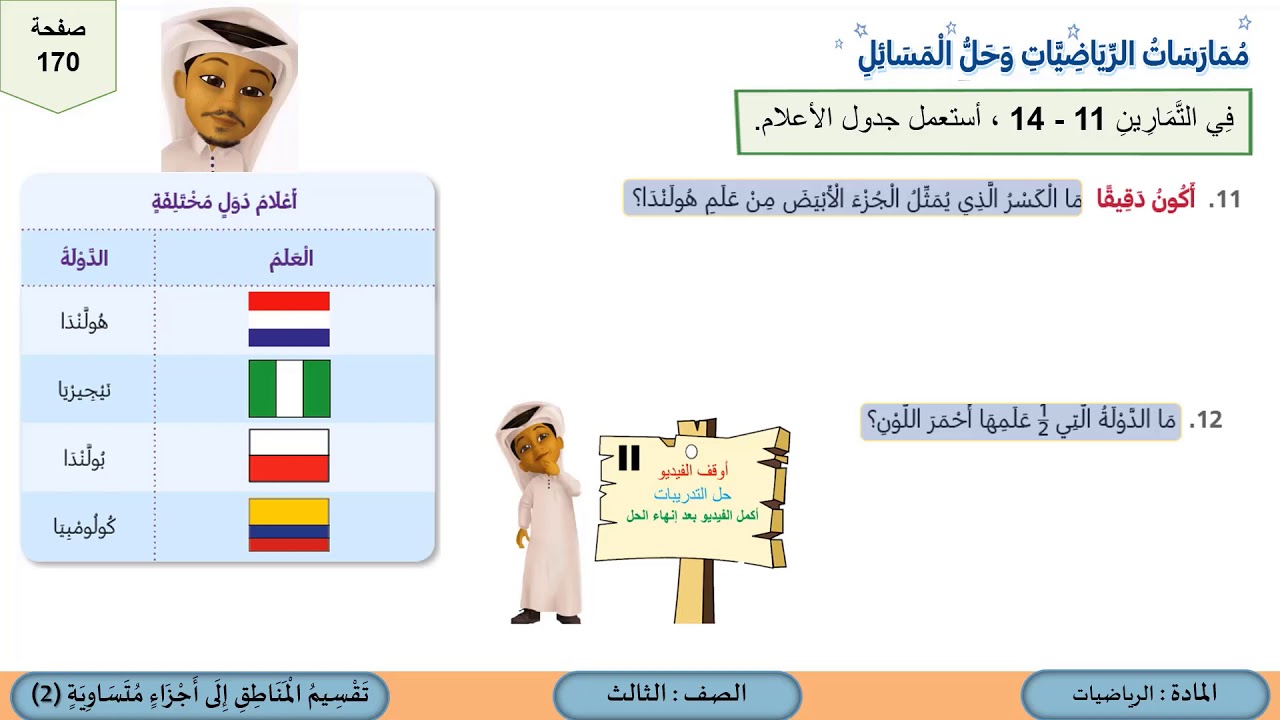 الصف الثالث  الرياضيات  تقسيم المناطق إلى أجزاء متساوية 2