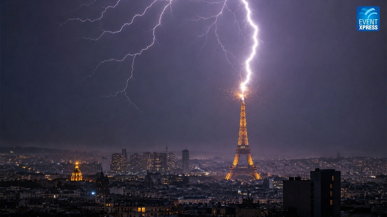 Lightning Strikes Eiffel Tower as Record Heatwave Grips France