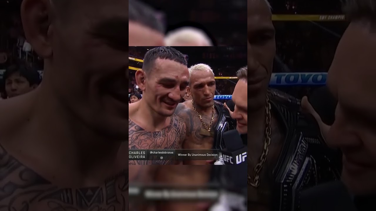 Charles Oliveira and Max Holloway share a moment after the BMF main event! 👏 #UFC326