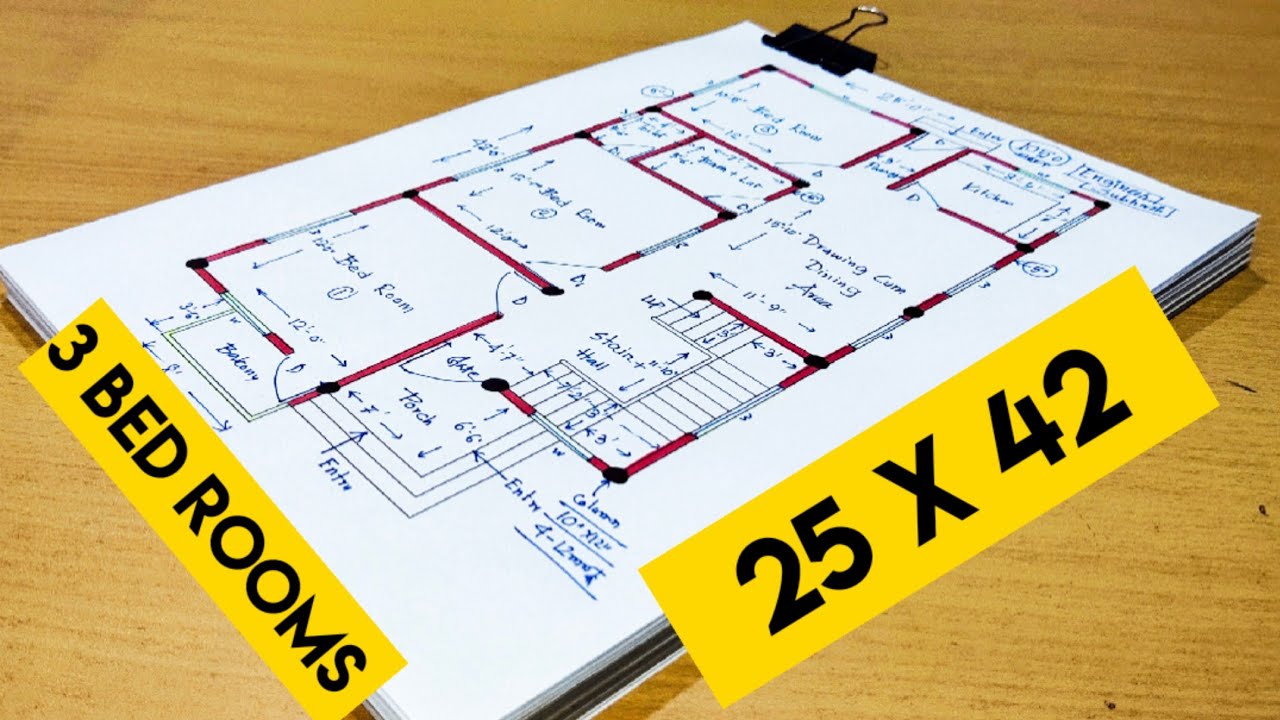25 x 42 simple house plan design II 25 x 42 ghar ka naksha with 3 bed rooms