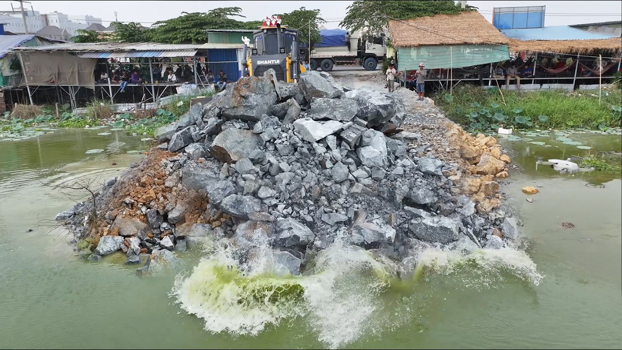 Great Skill !! Bulldozer SHANTUI C3 Push Stone Into Water With Dump TrucksDONGFENG Unloading Stone