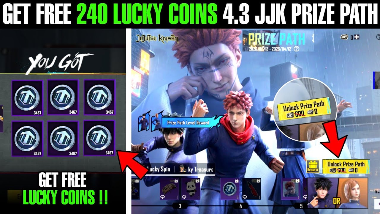 Get Free 240 lucky Coins 4.3 JJK Prize Path | Bgmi 4.3 Jutusju Kaizen Prize Path 