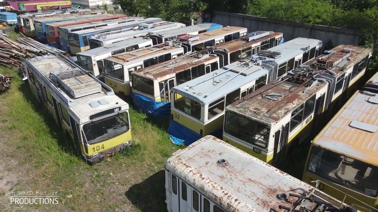 Nostalgia R.A.T.T. - S.T.P.T. filmare aeriana cu flota retrasă pe strada Gării, Timișoara 2024