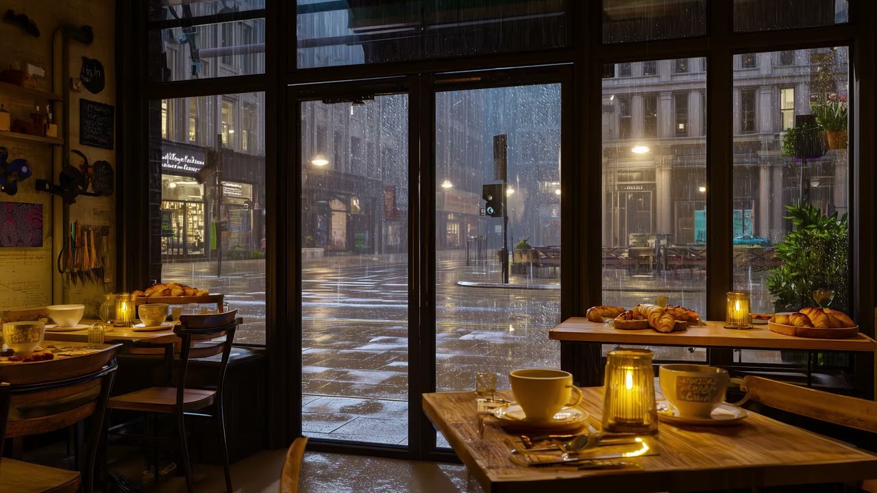 Café Ambience at Night ☕ 🌧️ | Cozy European Coffee Shop Sounds for Study & Relax