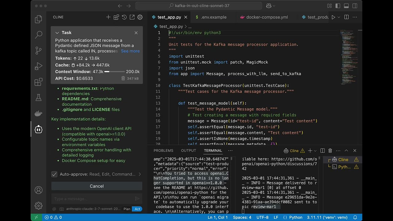 Cline Sonnet 3.7 Building a Python-based Kafka LLM Processor