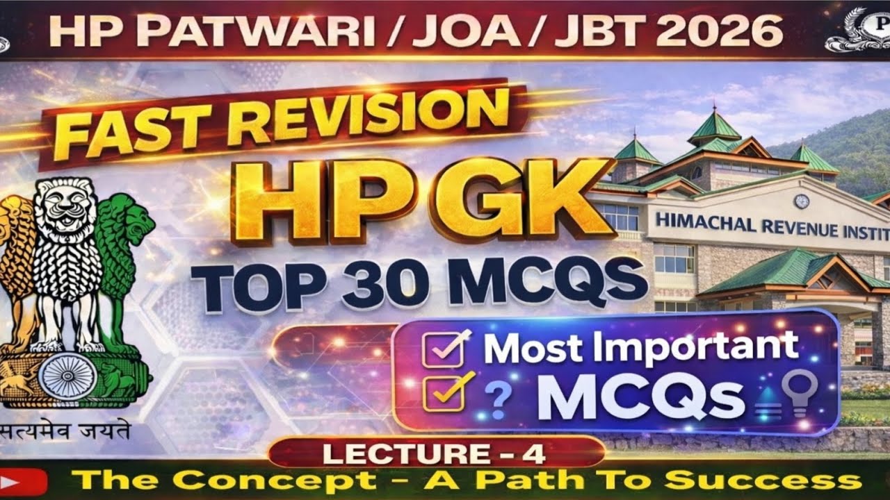 Fast Revision Top MCQs of HP GK : Lecture - 4 for HP Patwari / JBT / JOA-IT of HPRCA Exams 2026 