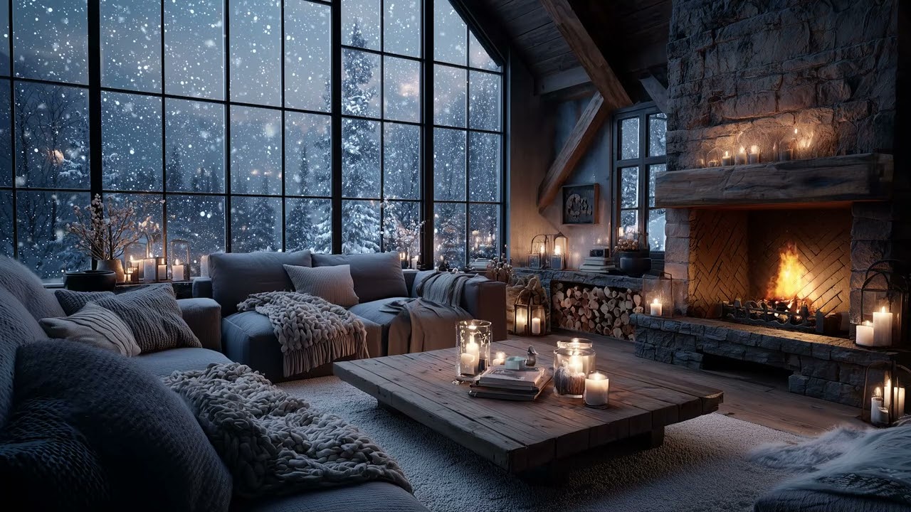 Soft Wind Sounds and a Fireplace Glow in a Calm and Empty Night Scene