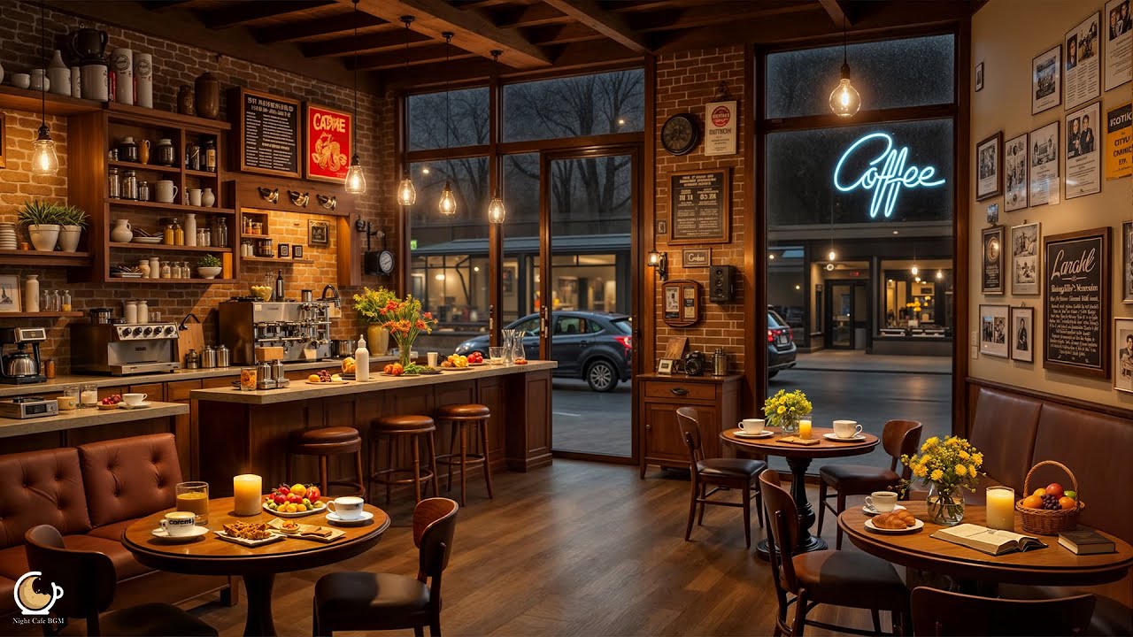 Cozy Night Coffee Shop Ambience with Relaxing Jazz Piano Music & Rain Sounds for Work, Study, Focus