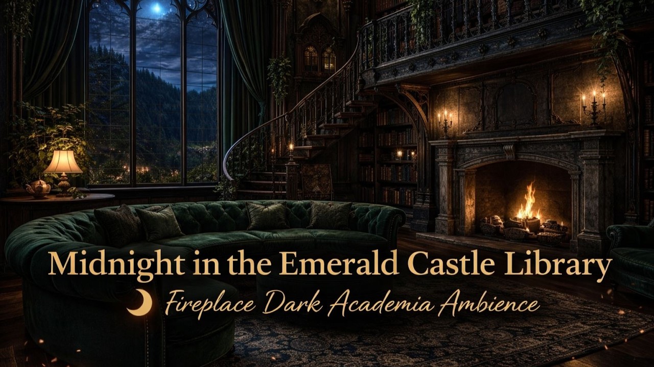 Midnight in the Emerald Castle Library 🌙 Fireplace Dark Academia Ambience