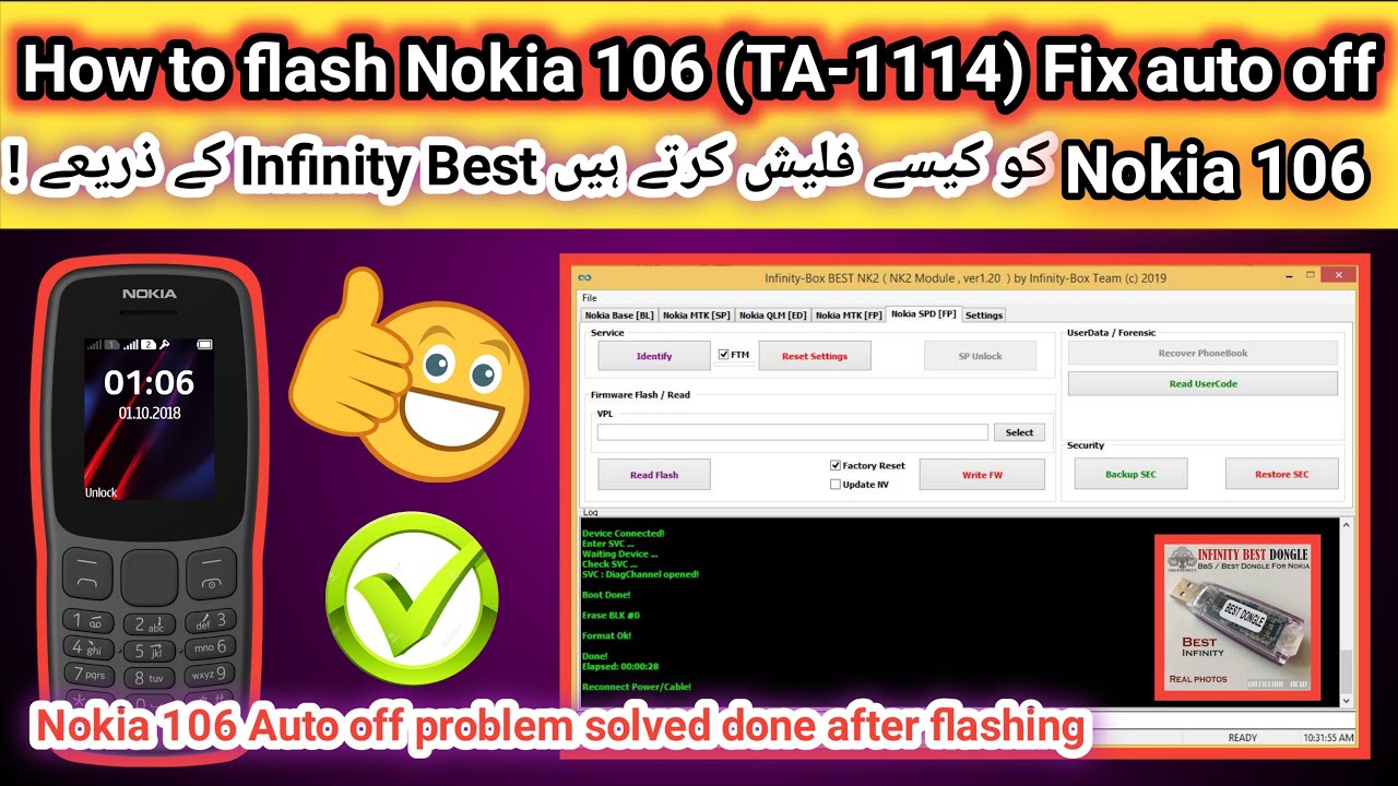 How to flash nokia 106 (TA-1114) for fixing power off on nokia logo by infinity best dongle | 2023
