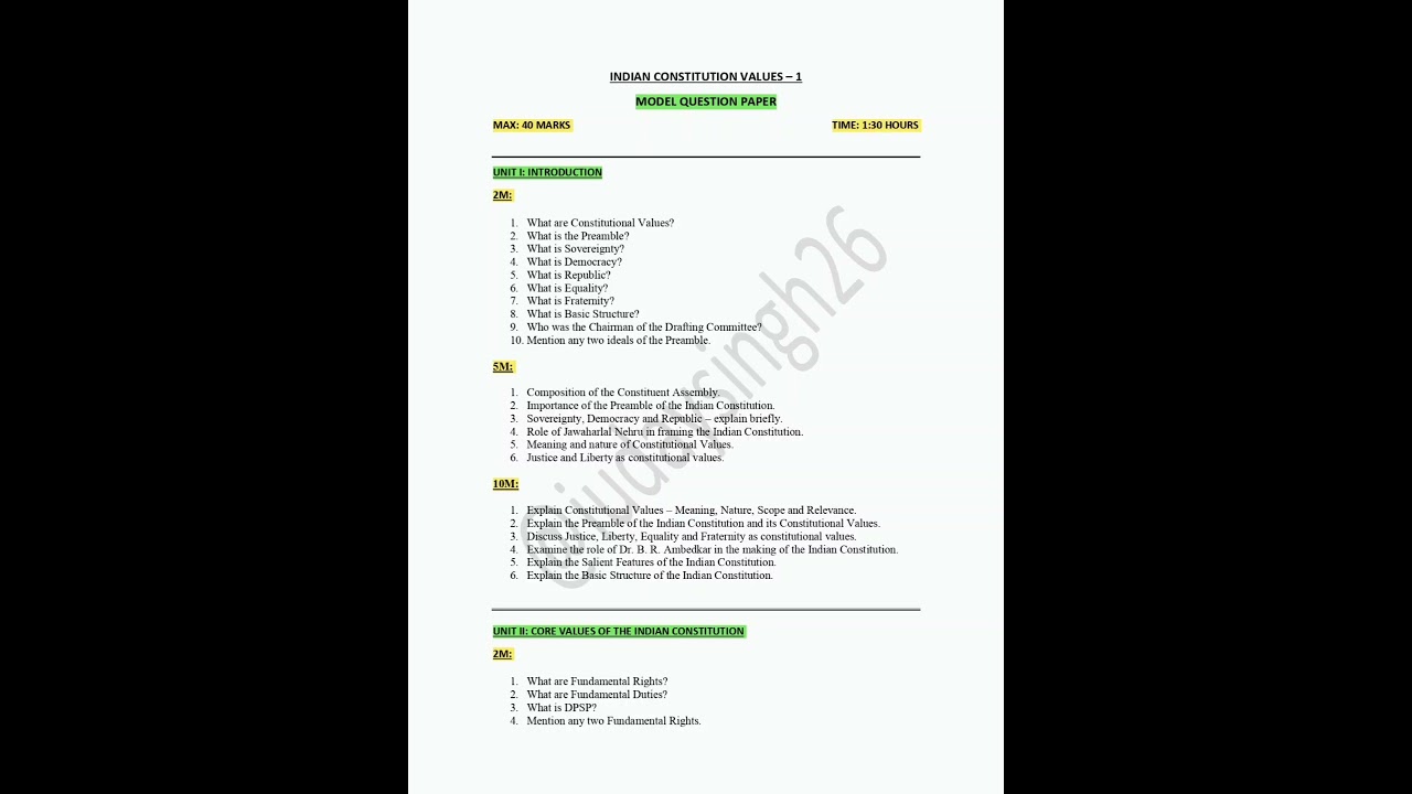 INDIAN CONSTITUTIONAL VALUES - I | IMPORTANT QUESTIONS (MQP) | 3RD SEM | SEP SYLLABUS