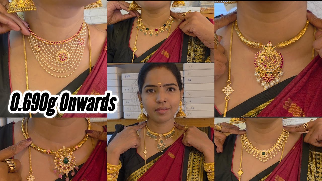 0.690g Gold Feather Collection Light weight Kanti Necklace Emerald Ruby Beads Sets 5gram Nethichutti