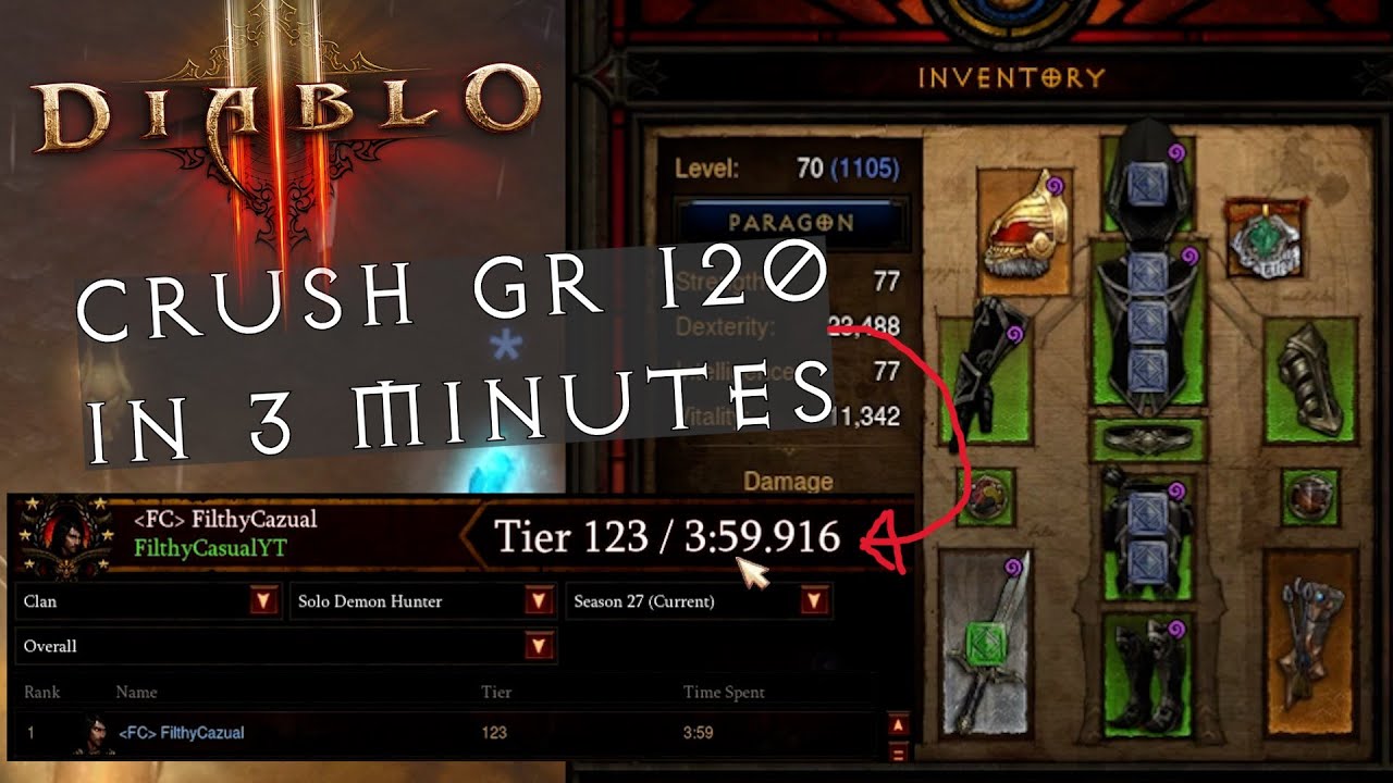 Crush GR 120 in 3 minutes Solo - Demon Hunter Sanctified Strafe Impale Build Guide - stats & rolls
