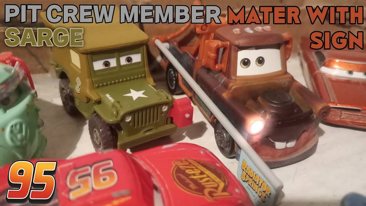 Mater With Sign & Pit Crew Member Sarge (Double Review) (“Retro Red” series)