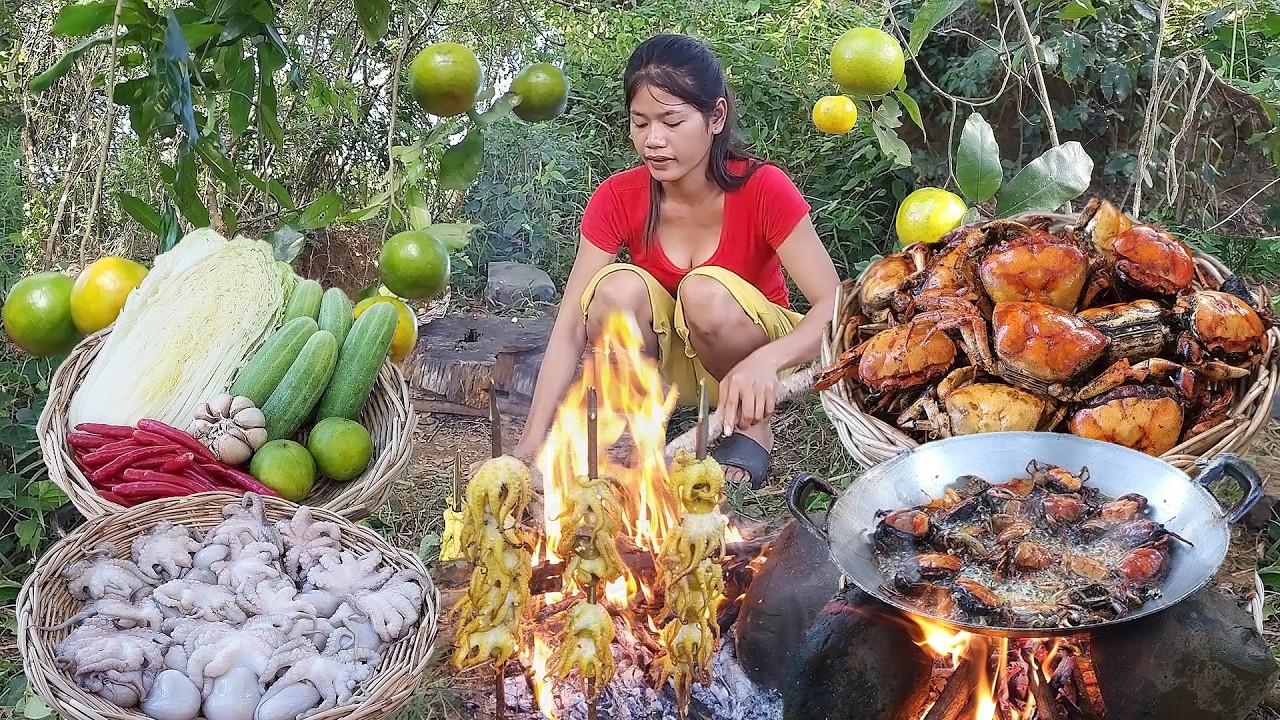Survival skills: catch and cook crab for food near river, Octopus hot chili cooking for dinner
