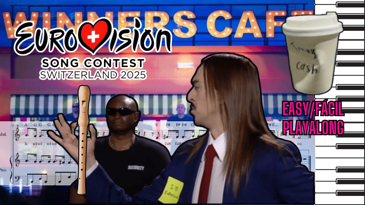 Espresso Macchiato Tommy Cash ☕Eurovision25 - Flauta Dulce Recorder Piano Playalong (PDF free sheet)