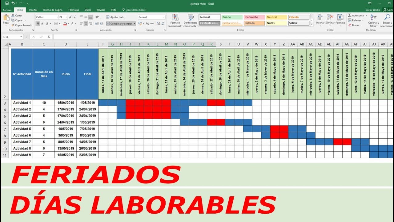 Como hacer un Diagrama de Gantt en Excel solo con días laborables 2019