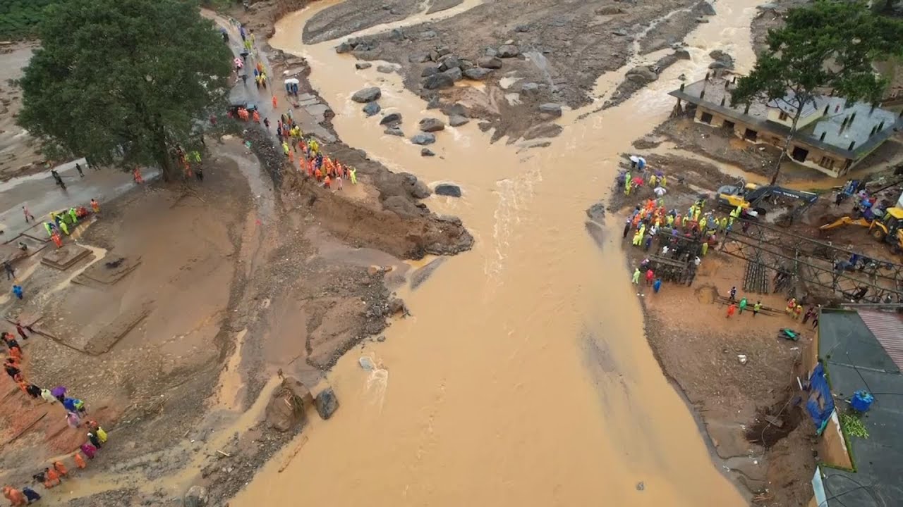 Aerial footage shows rescue workers and damage caused by landslides in Kerala, India