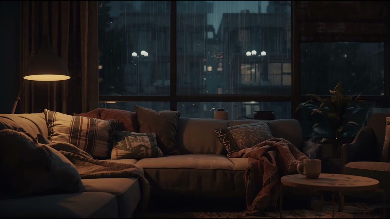 Cozy Apartment Living Room Rain Sounds at Night – Relaxing Ambience for Sleep, Study & Calm
