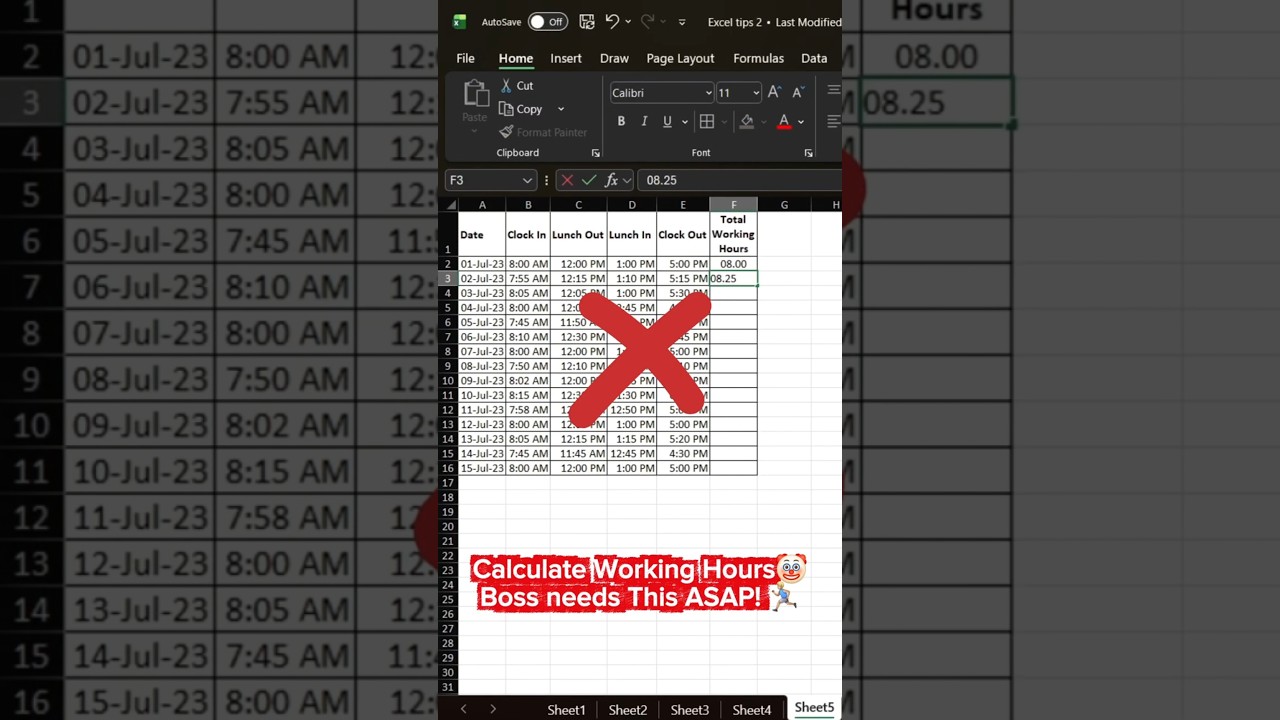 How to Calculate Working Hours in Excel 🕒  #Excel #ExcelTips #MicrosoftExcel #Timesheet #LearnExcel