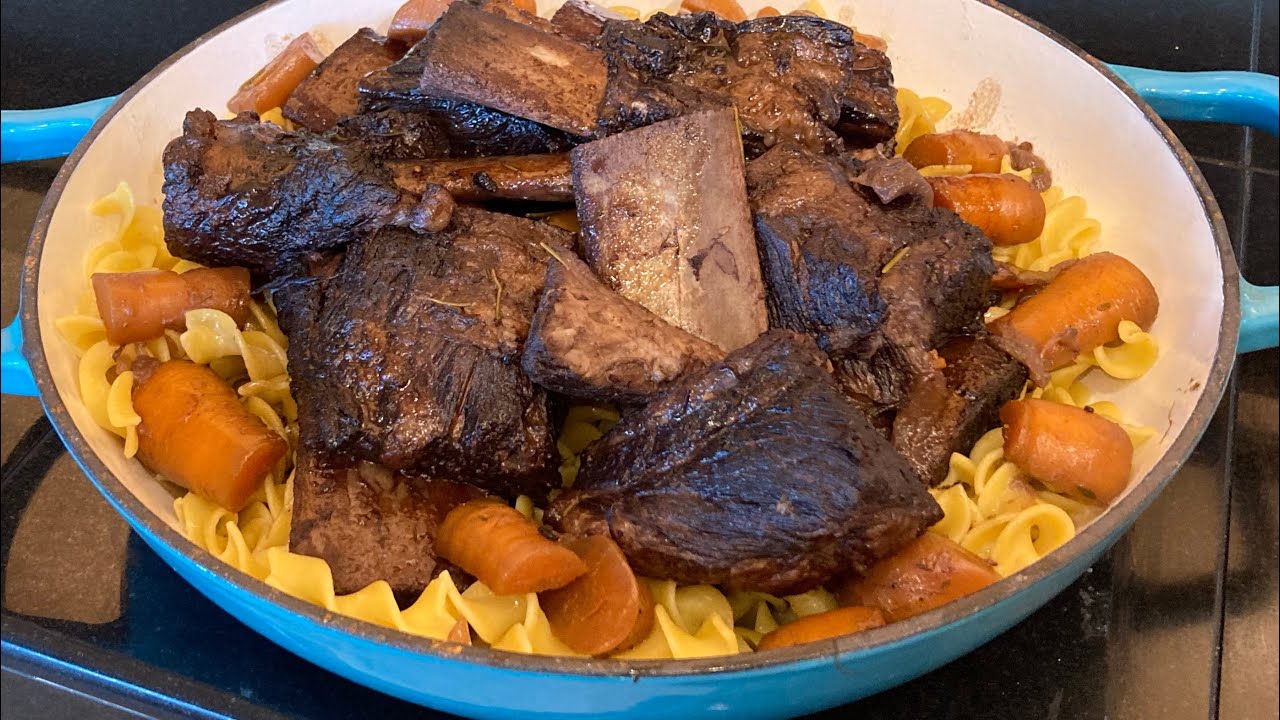 One pot braised beef short ribs over egg noodles