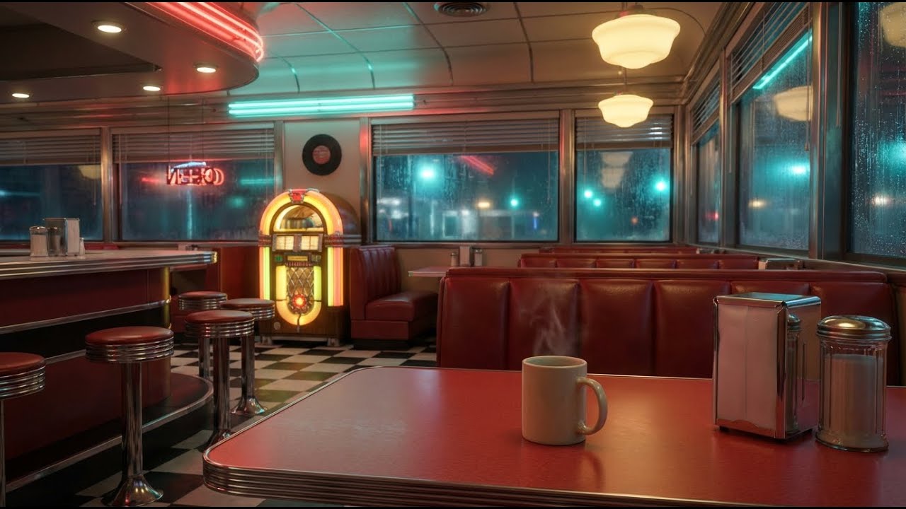 Cichy wiecz&oacute;r w neonowej restauracji &ndash; relaksująca atmosfera retro jazzu 🌙🎶