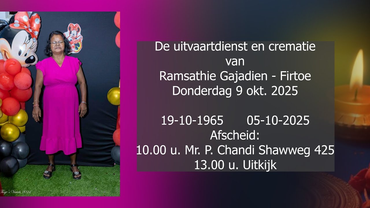 De uitvaartdienst en crematie van Ramsathie Gajadien - Firtoe. Donderdag 9 okt. 2025.