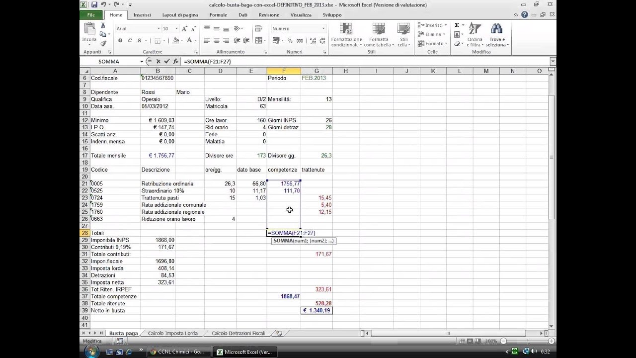 Calcolo busta paga con Excel 2010