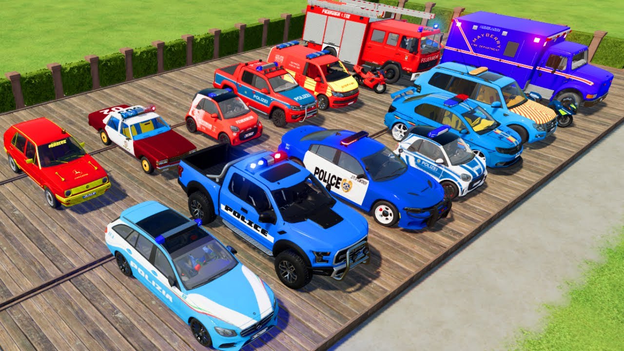 TRANSPORTING CARS, FIRE TRUCK, POLICE CARS, AMBULANCE OF COLORS! WITH TRUCKS! - FARMING SIMULATOR 22