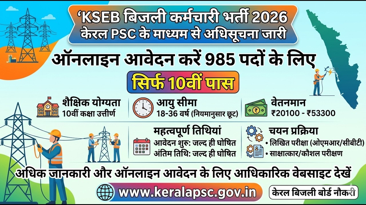 KSEB Recruitment 2026 | Electricity Worker - 985 Posts ⚡ | Kerala PSC Notification Out!