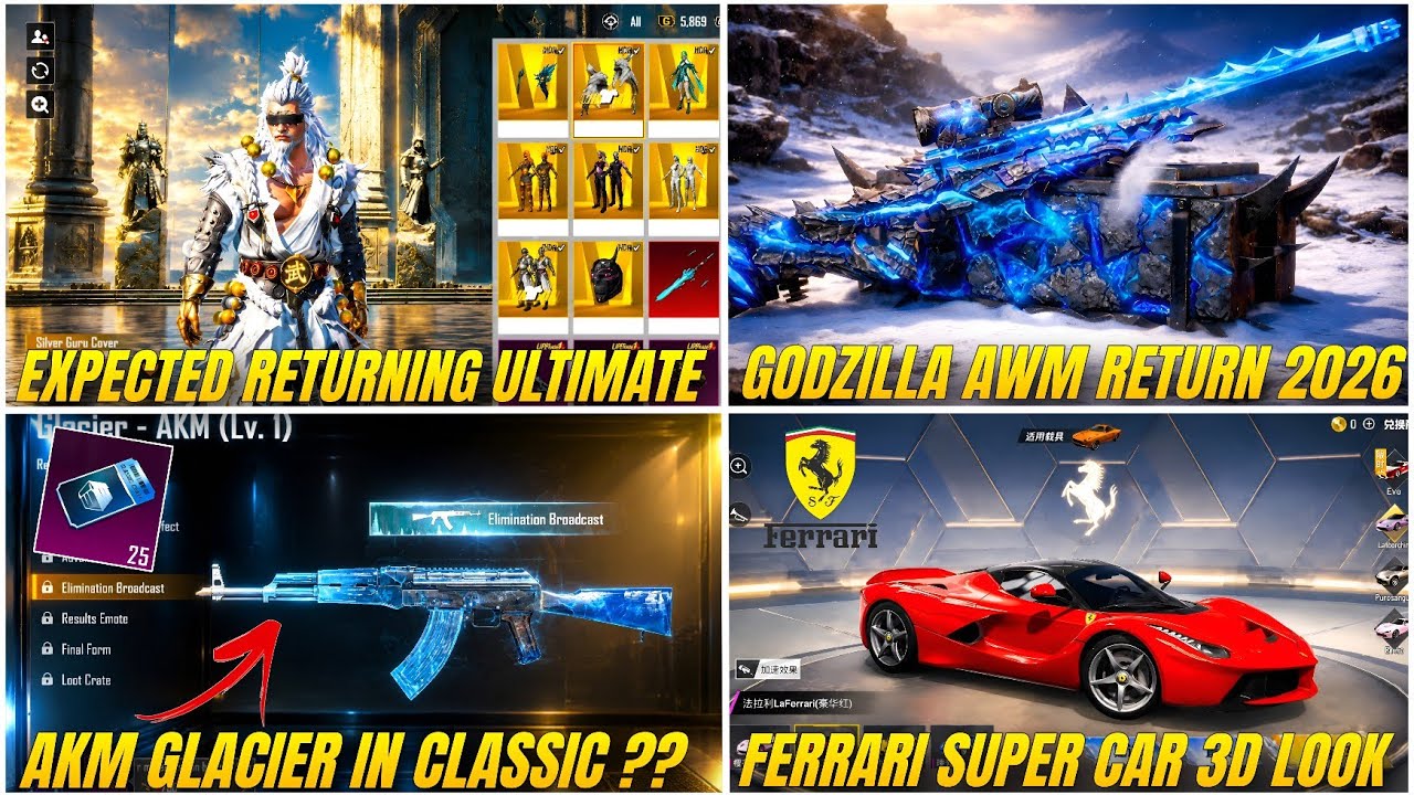 AKM GLACIER RETURN BGMI | 4.5 UPDATE RETURNING ULTIMATE SET | FERRARI CAR 3D LEAKS | 4.5 UPDATE BGMI