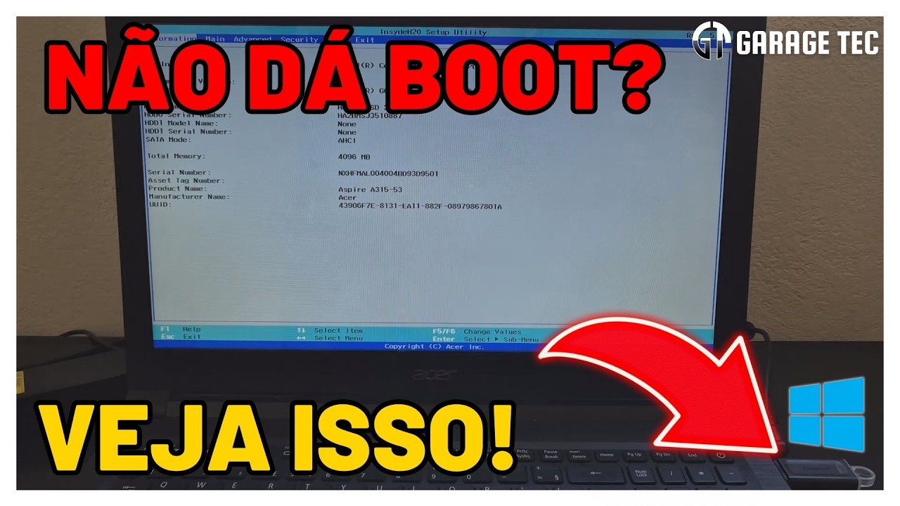 Como configurar a BIOS do Acer Aspire 3 A315-53 para dar BOOT pelo PENDRIVE