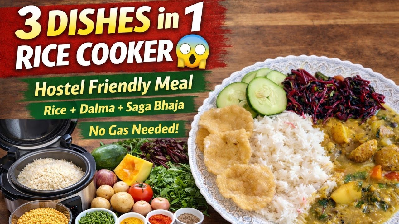 3 Hostel Meals in One Rice Cooker | No Gas Needed | Rice, Dalma & Saga Bhaja | 