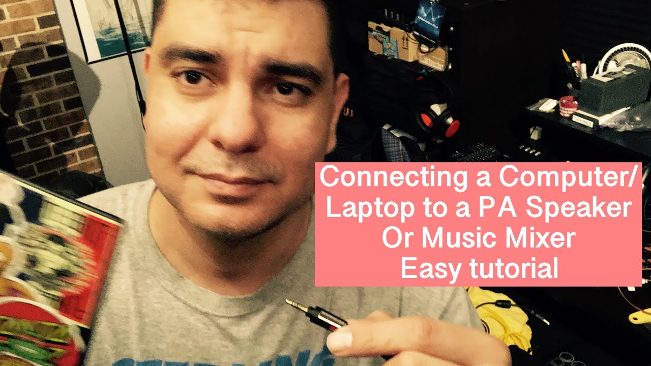 Connecting a laptop computer to a PA speaker, a music mixer, plus info. Easy tutorial setup.