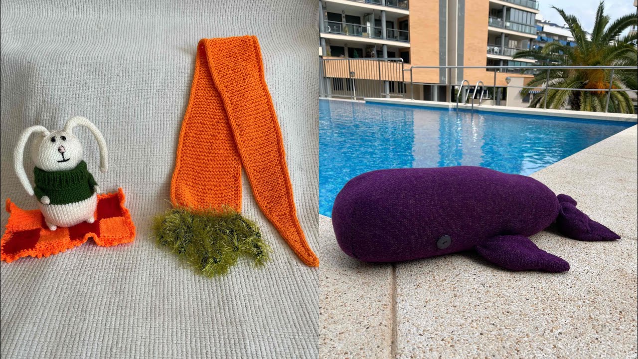 Подушка рыба-кит 🐳 шарфик- морковка 🥕 немножко новый пряжи и великолепный енот 🦝