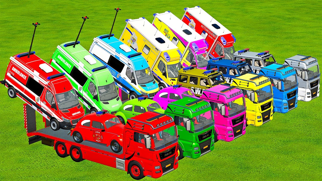 TRANSPORTING POLICE BEETLE, AMBULANCE, FIRE DEPATRMENT WITH MAN TRUCKS! Farming Simulator 22