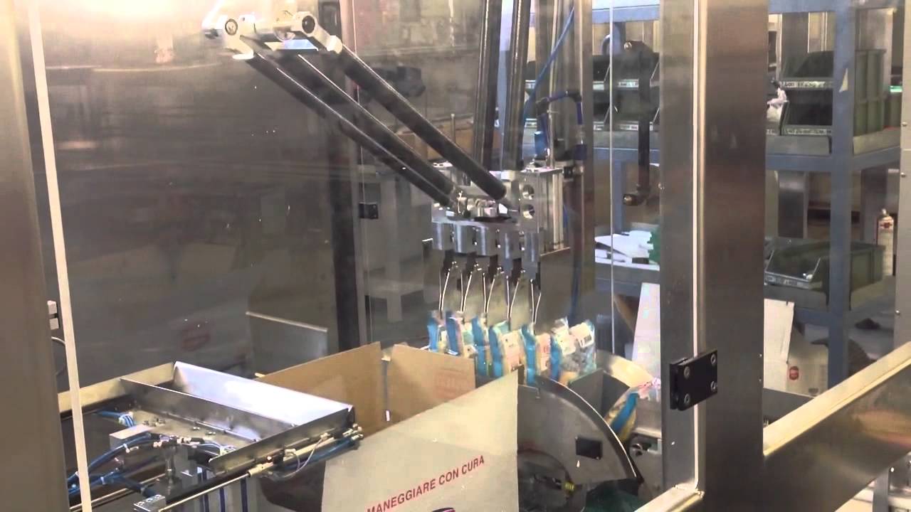 Incartonatrice automatica per buste flow pack con inserimento verticale in cartone