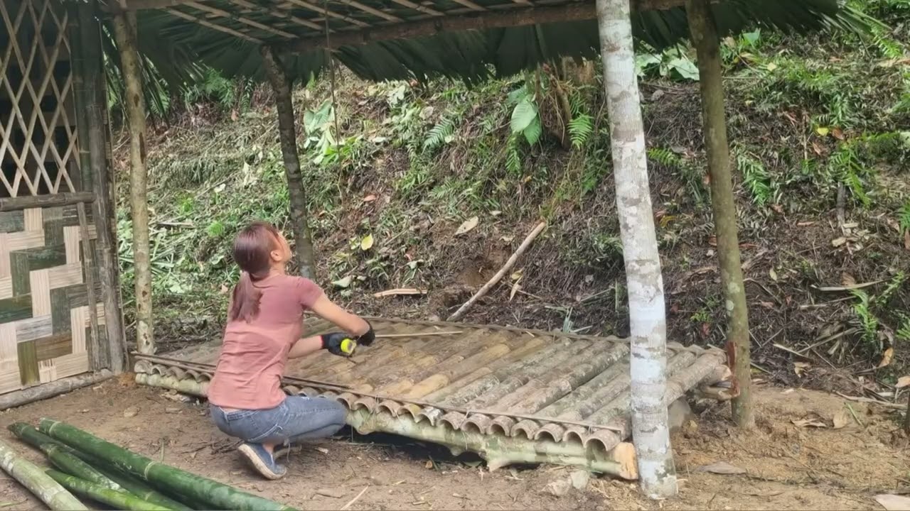 Independent girl builds bamboo bathroom in the forest