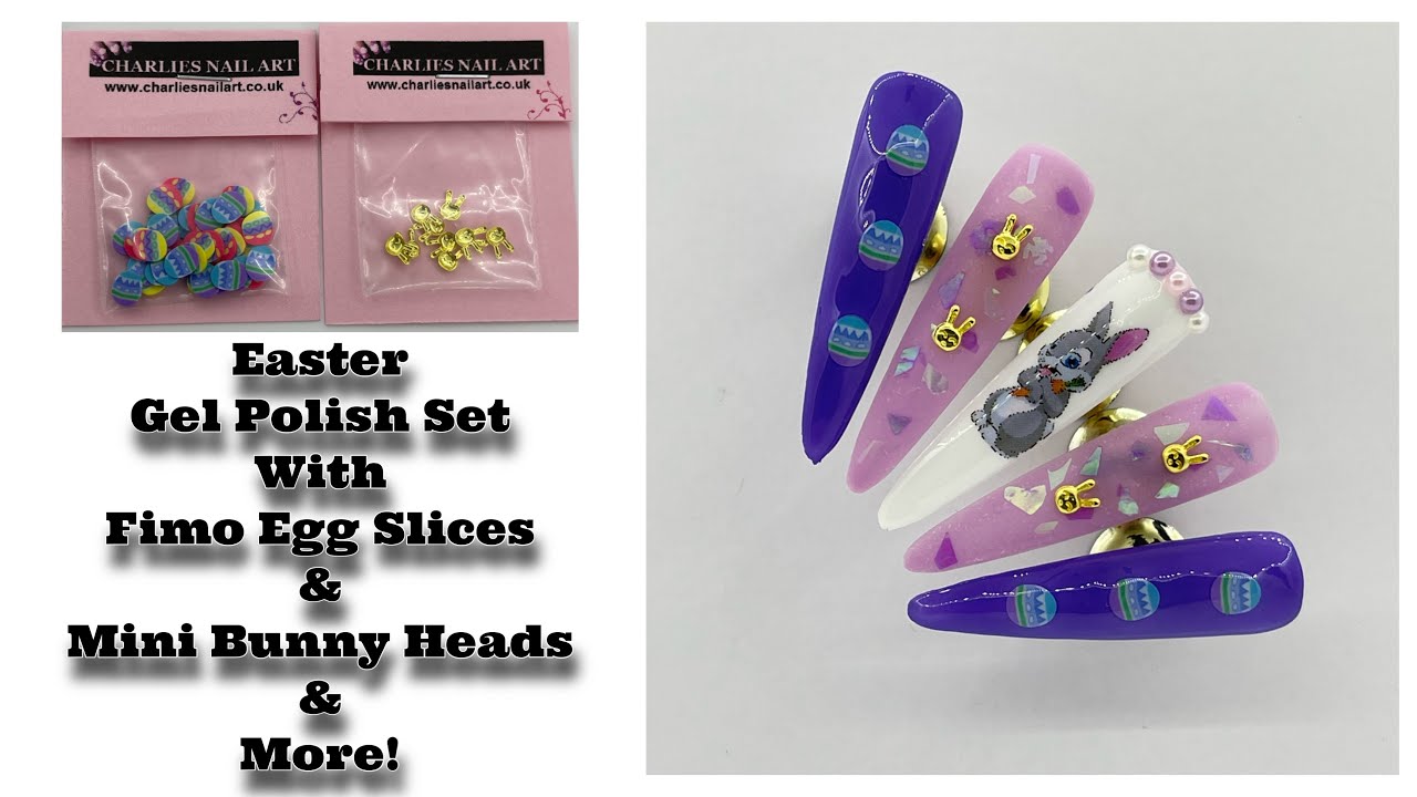 Easter Gel Polish Set With Fimo Egg Slices & Mini Gold Bunny Heads Plus More!