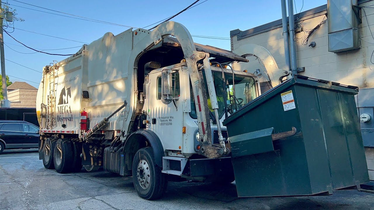 Mega Disposal Garbage Truck Banging Out Dumpsters
