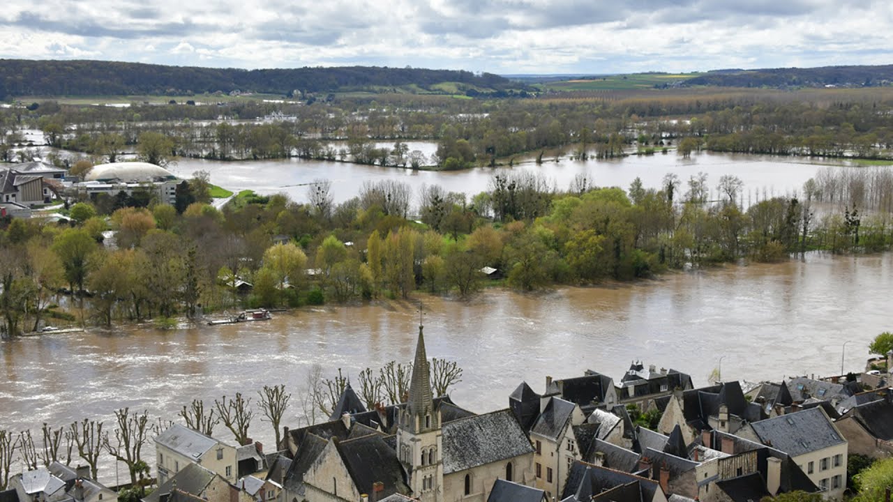 Aerial shots of French communes Chinon and Ile Bouchard after flooding