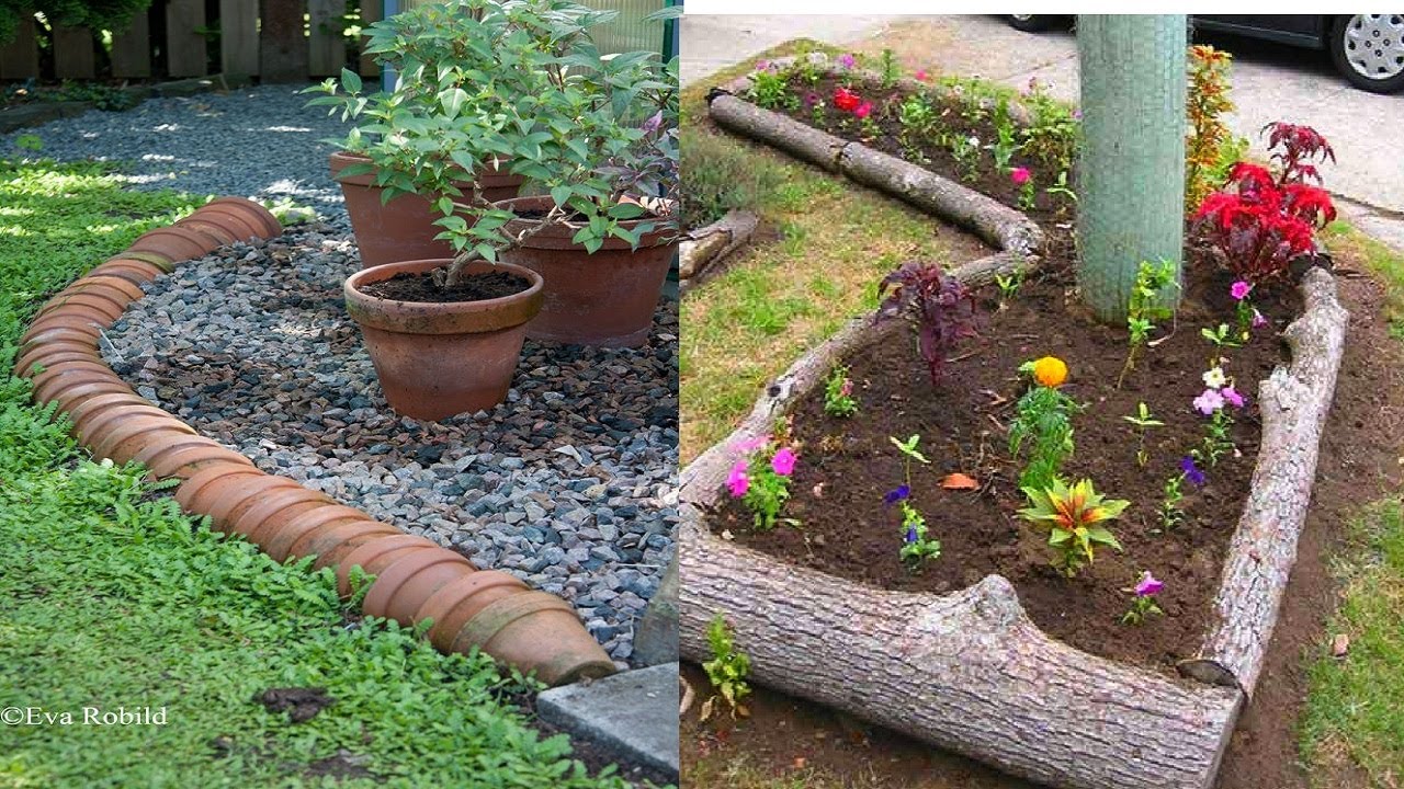 Tendencias de diseños de bordes de jardin con block, piedras, madera, y botellas 🌷 🌱