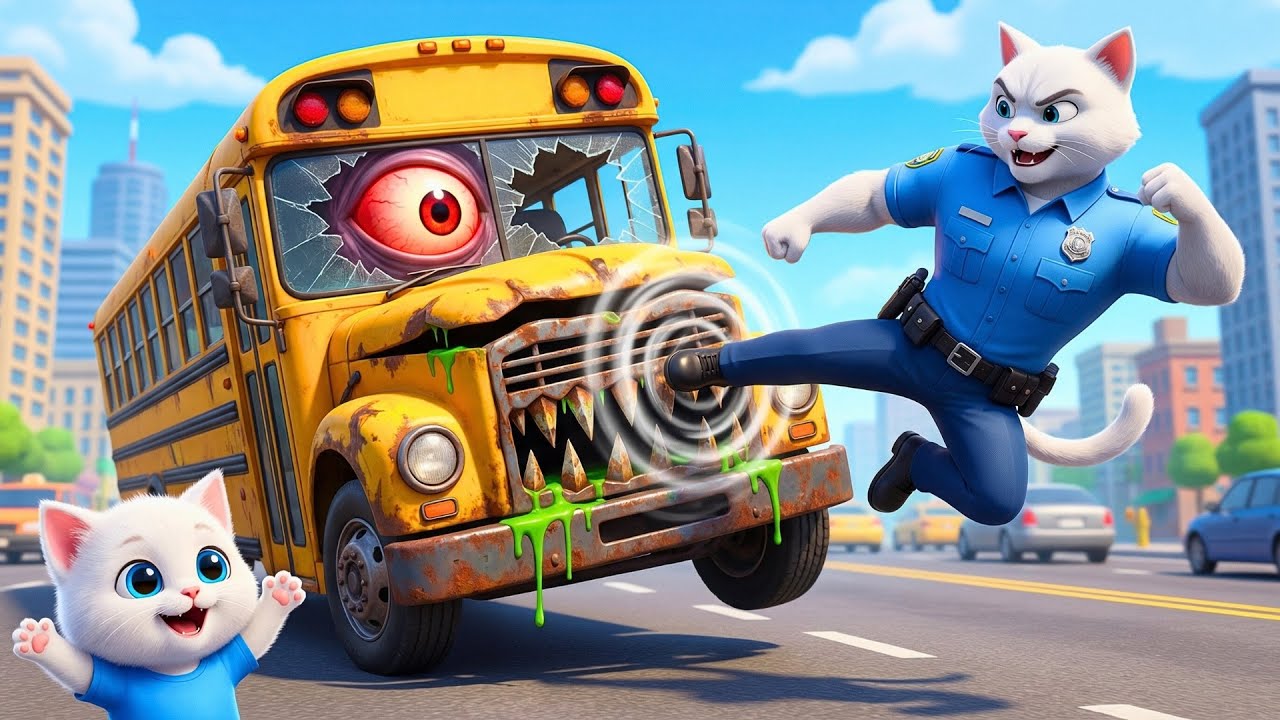 Monster Bus Attacks! 🚌 Police Dad Saves Kitten | AI Cat Story#story #short#aicat
