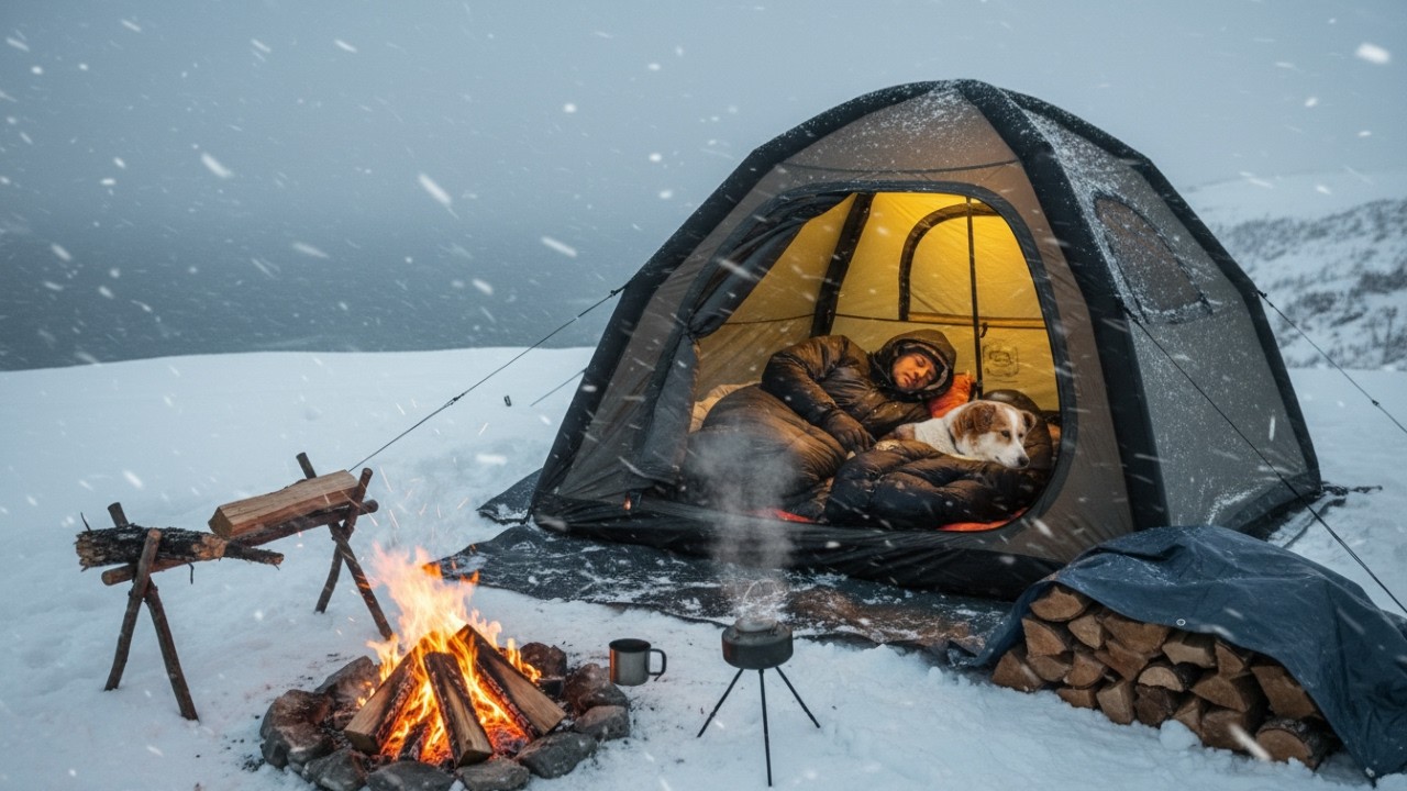 Stormy Cliffside Camping with My Dog · A-Frame Inflatable Hot Tent · Drying Firewood ASMR