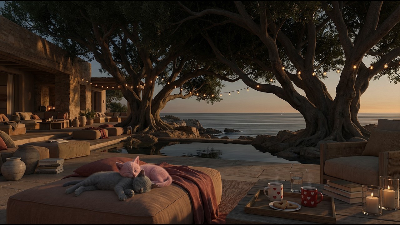 Mediterranean Seaside Sunset & Ocean Waves (Romantic Music) — Sleeping Cats (Series No. 10)