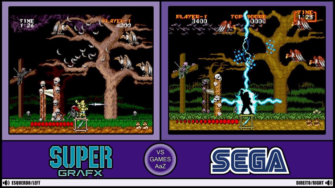 Ghouls'n Ghosts(Pc Engine Supergrafx VS Mega Drive)side by side comparison graphics