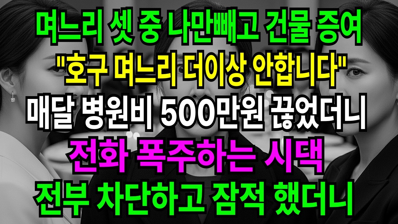 며느리 셋 중 나만 빼고 건물 증여 매달 500만원 병원비끊자 시댁에서 전화폭주하는데     | 오디오북 시니어사연 반전 고부사연