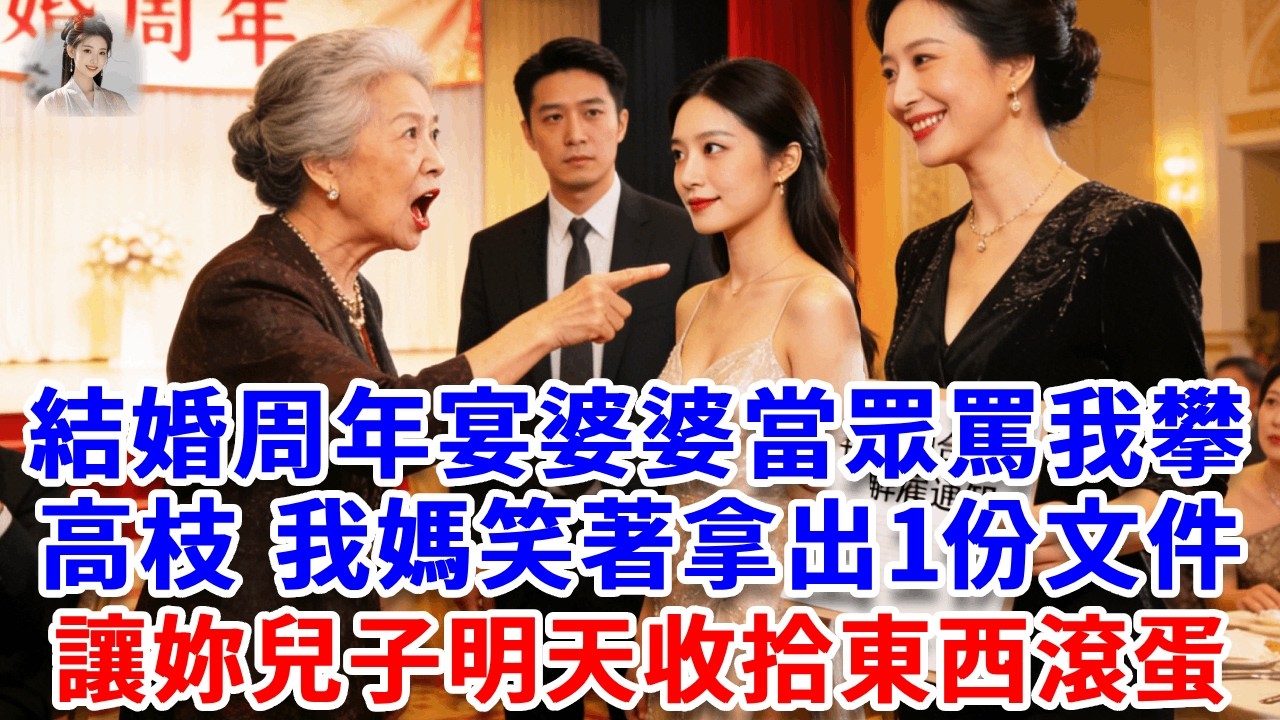 結婚周年宴，婆婆當眾罵我攀高枝，占她家便宜，我媽笑著拿出一份文件：親家，妳兒子年薪2000萬工作，明天收拾東西滾蛋！#思妤說故事#為人處世#生活經驗#情感故事#晚年哲理#說故事#完結文#原創故事