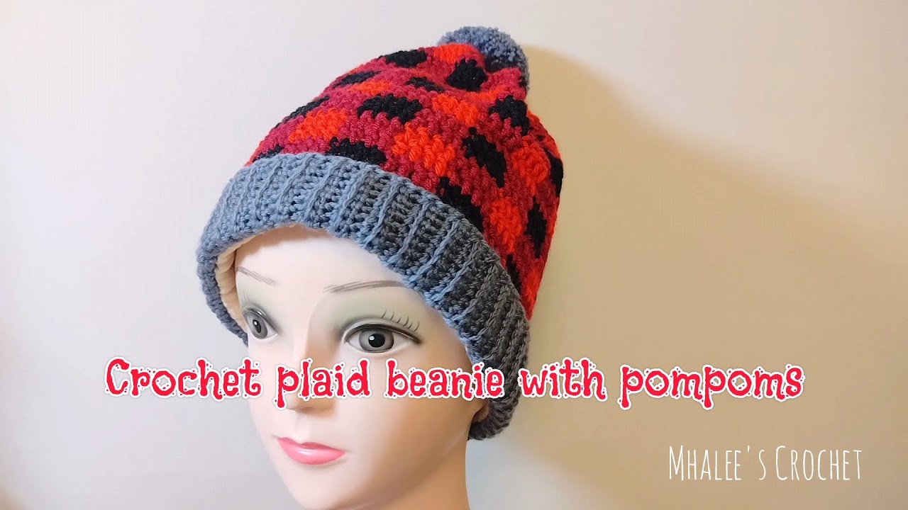 Crochet plaid beanie with pompoms